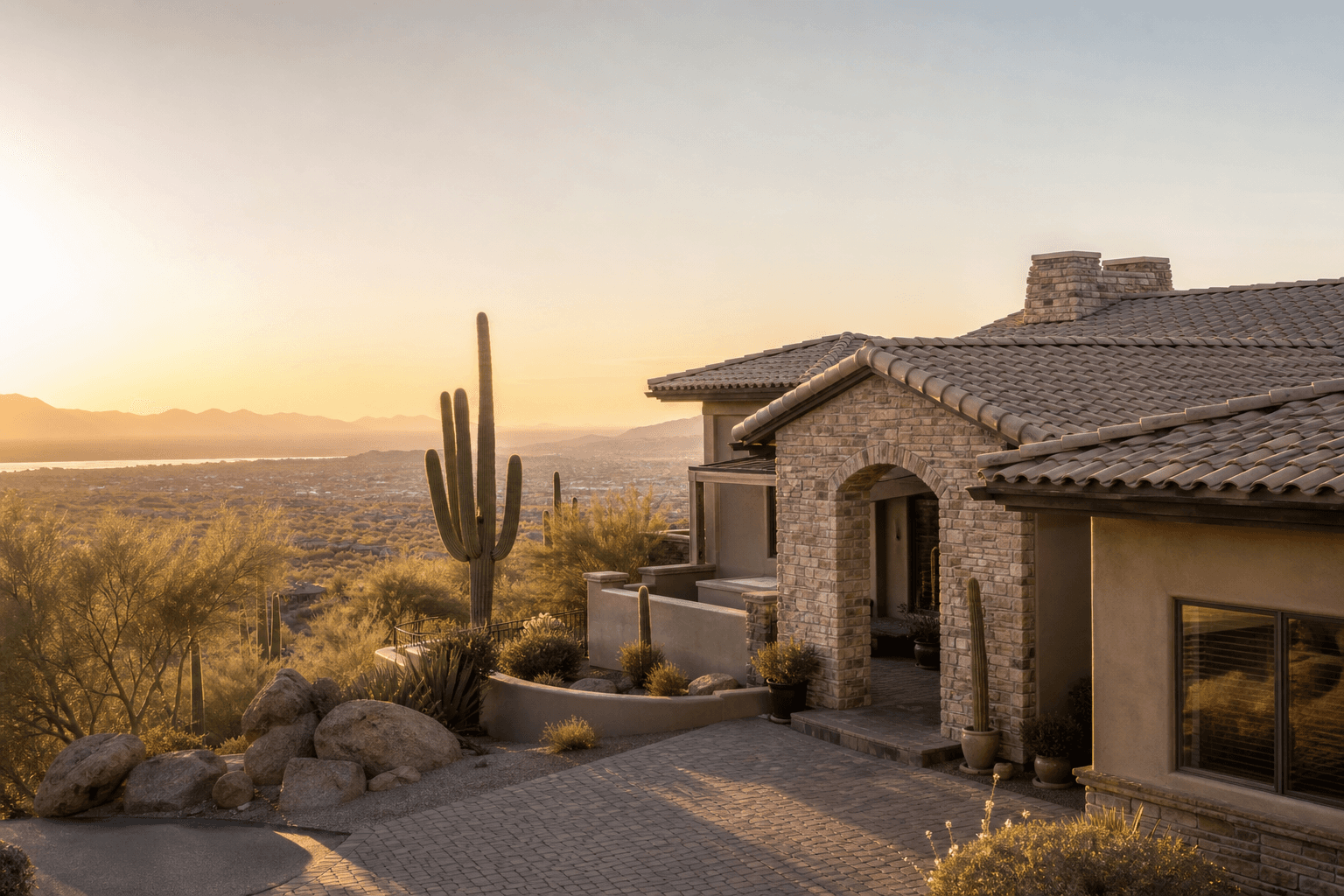 Luxury Fountain Hills home with a premium tile roof at sunrise