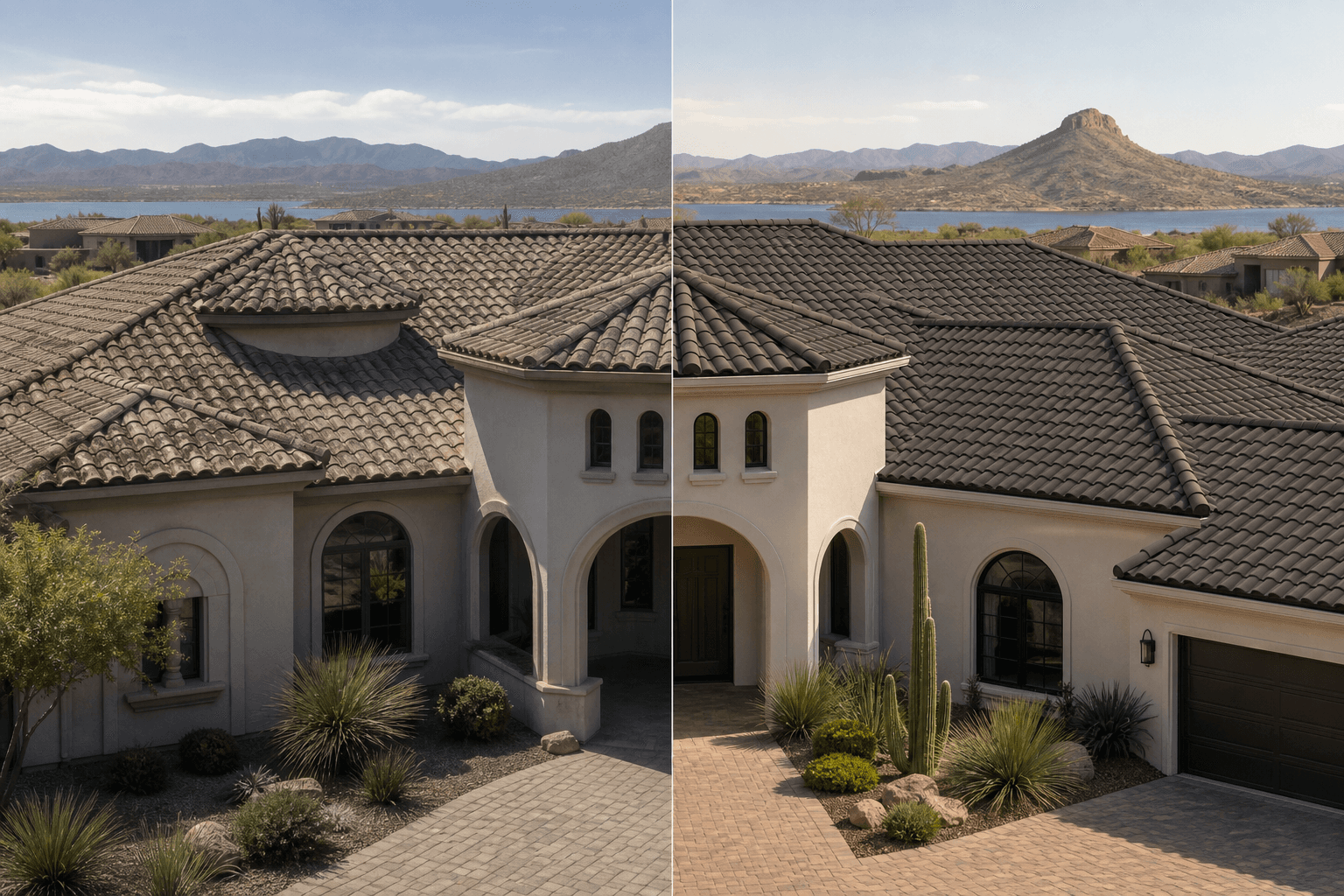 Before and after roof replacement concept for a Fountain Hills home