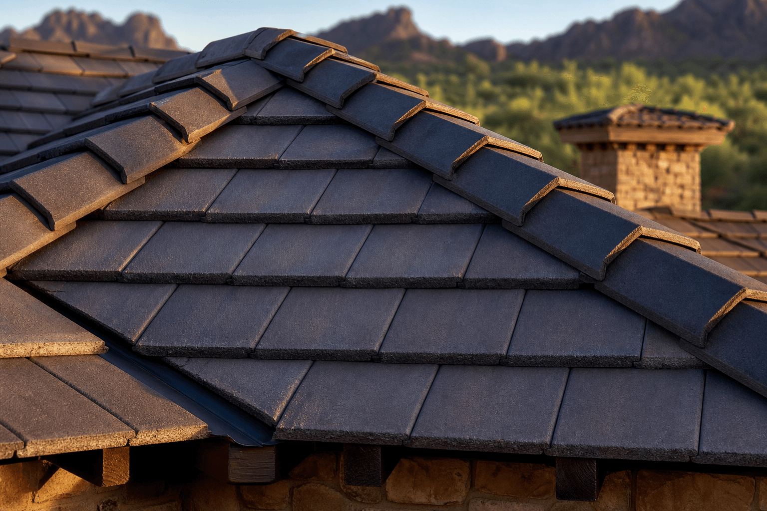 Close-up detail of premium roof tile material in desert light