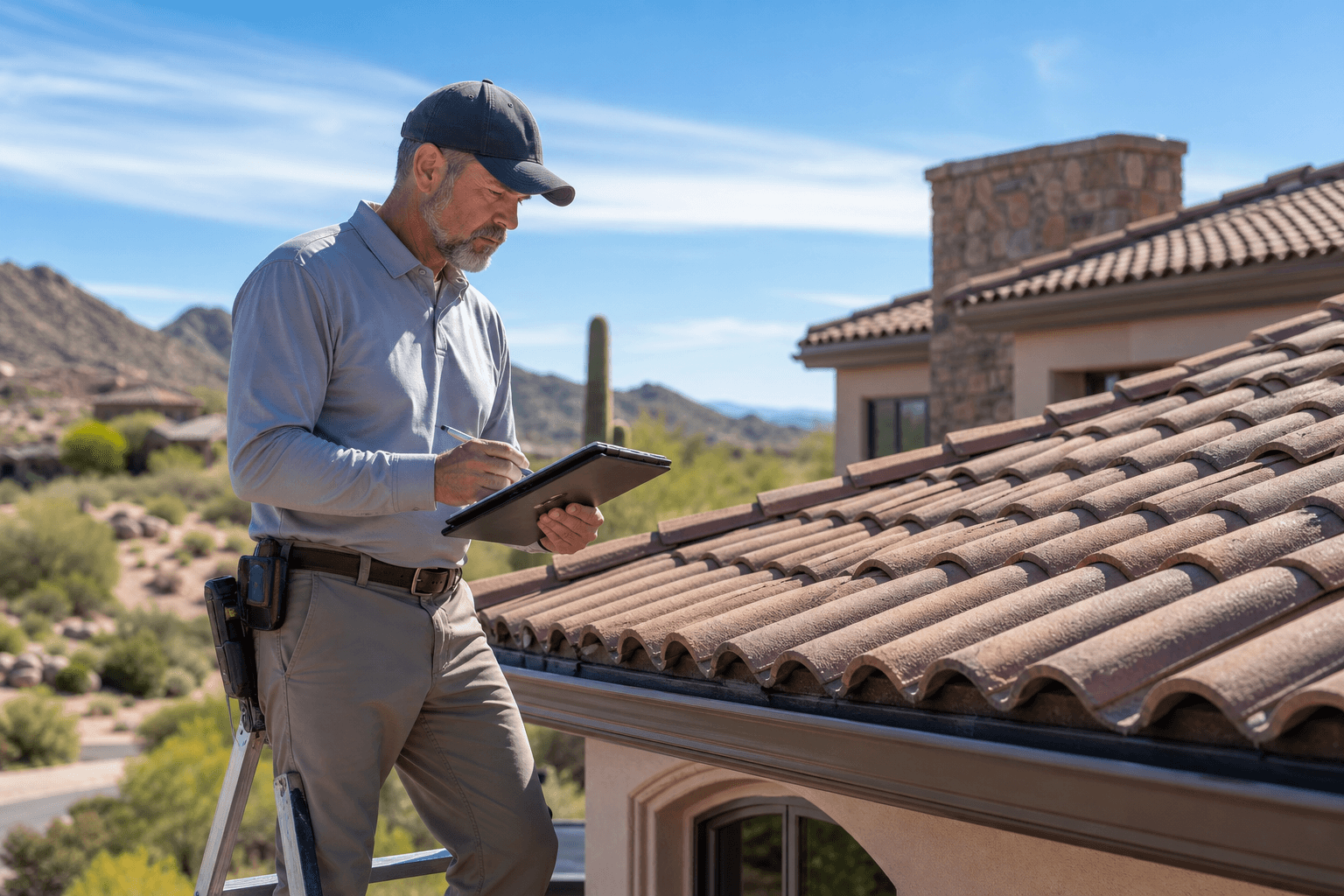 Senior roofing estimator documenting a Fountain Hills tile roof